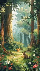 A whimsical forest scene with towering trees, lush foliage, and adorable woodland creatures frolicking among the underbrush - obrazy, fototapety, plakaty