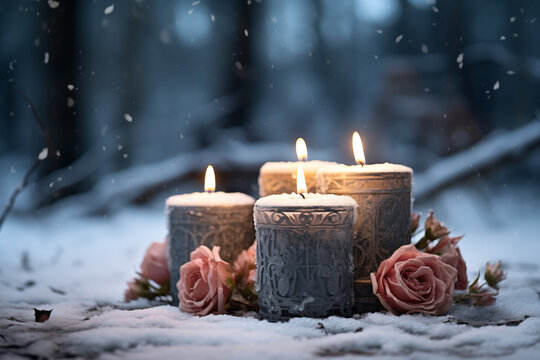 Photo style image of 4 candles in a winter scene.