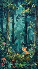 A whimsical forest scene with towering trees, lush foliage, and adorable woodland creatures frolicking among the underbrush - obrazy, fototapety, plakaty