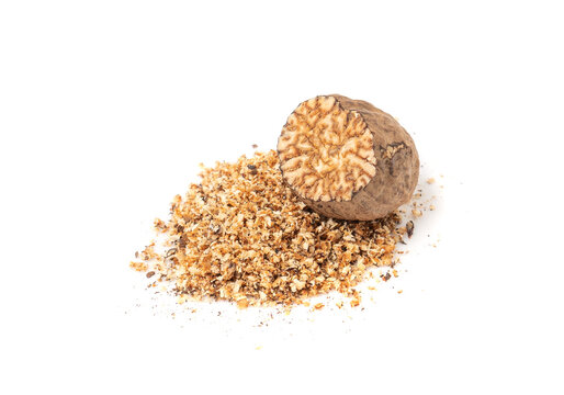 Nutmeg Isolated, Myristica Fragrans Fruit, Dry Spicy Nutmeg Powder, Grated Whole Muscat Nut, Nut Meg