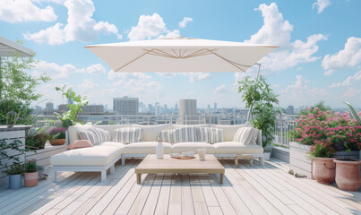 Fototapeta na wymiar deck with white wood flooring, outdoor seating and umbrella for shade, overlooking city view with blue sky and clouds, plants in pots on the side of terrace