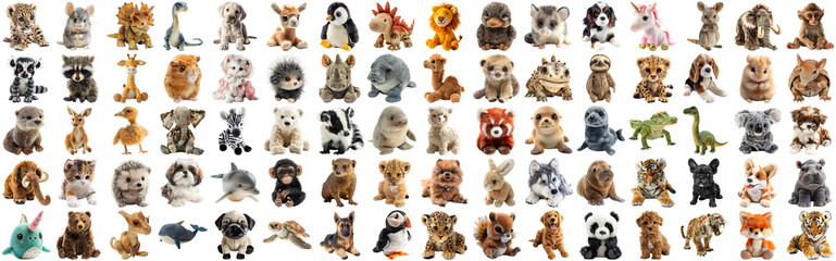 Naklejka premium Big set of cute fluffy animal dolls for nursery and children toys, many animal plush dolls photo collection set, isolated background AIG44