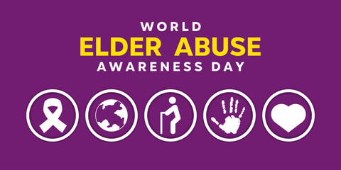 World Elder Abuse Awareness Day. Ribbon,earth, people, hand and heart. Great for cards, banners, posters, social media and more. Purple background.
