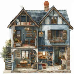 A beautiful cross-section illustration of a cozy home, showing the living room, kitchen, and bedroom.