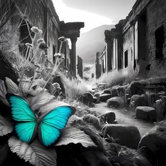 blue butterfly,
Monochrome image
ancient ruins
nature and history.
Generative ai illustrations.
