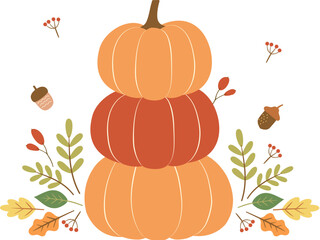 Pile of pumpkins with decorated autumn element