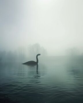 A serene image capturing the tranquil silhouette of a swan on a foggy waterbody, encapsulating a blend of nature's simplicity and mystery