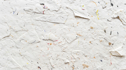 Recycled paper texture with torn pieces and colorful fibers scattered throughout.