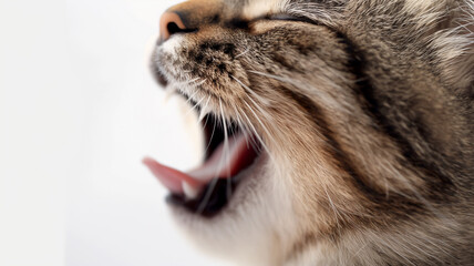 Close-up of a tabby cat's head with mouth open and teeth visible, on a white background.