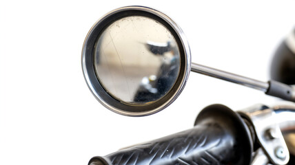 Motorcycle side mirror close-up with a clear reflection, against a white background.