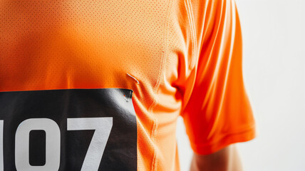 Close-up of an orange sports jersey with the number 107, highlighting the fabric texture.