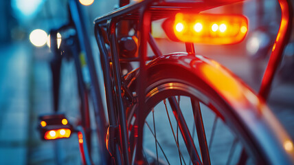 Illuminated red bicycle tail lights in focus, with blurred city evening background.