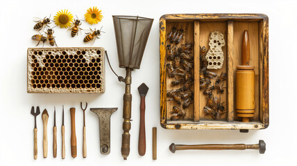A beekeeping setup with honeycomb frames, bees, flowers, and vintage tools displayed on white.