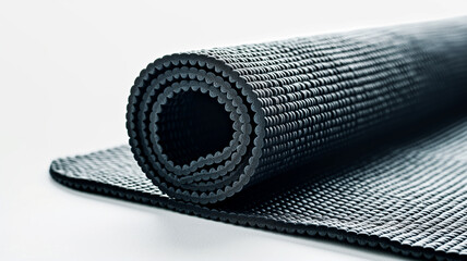 Rolled black yoga mat with a textured surface on a white background.