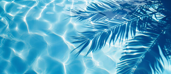 Fototapeta na wymiar A blue pool with a palm tree in the water