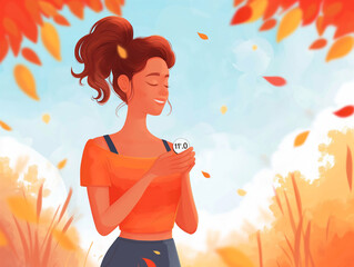 Illustration of a woman enjoying a sunny autumn day, surrounded by falling leaves.
