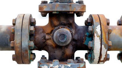 A rusty cross-shaped industrial pipe junction with flanges and bolts, isolated on a white background.