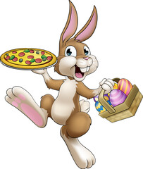 An Easter bunny rabbit cartoon character serving or delivering pizza from a food restaurant, possibly the chef