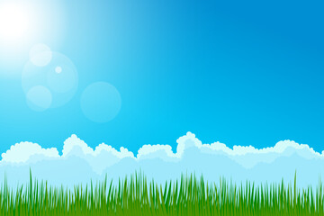 Obraz premium Grass and sky. Beautiful green grass against a blue sky with clouds and sun. Sunny summer day. Vector illustration of stunning meadows.