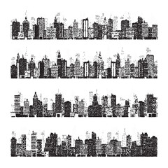 Stippled city silhouettes. Cityscape, town skyline. Midtown, downtown with buildings, houses and skyscrapers. Stippling, dot drawing and shading, stipple pattern, halftone effect. Vector illustration