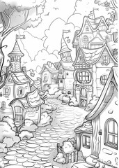 Obraz premium Town coloring pages, featuring adorable fairytale buildings with eyes, sketched in black and white for kids to color. These charming, cartoon-style drawings are perfect for young artists