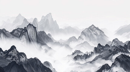 Immerse yourself in the elegance of traditional Chinese ink landscape art recreated by Generative AI, depicting misty mountains and winding rivers in a delicate dance of brush strokes and ink washes. - obrazy, fototapety, plakaty