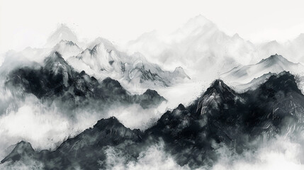 Immerse yourself in the elegance of traditional Chinese ink landscape art recreated by Generative AI, depicting misty mountains and winding rivers in a delicate dance of brush strokes and ink washes.  - obrazy, fototapety, plakaty