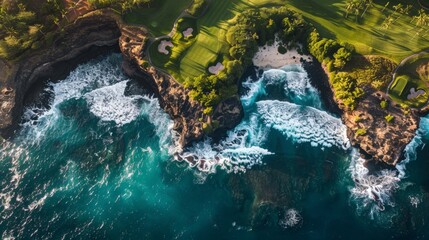 An aerial shot of a spectacular golf course nestled by the sea, the waves crashing against the...