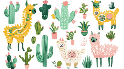 Set of vector cute vector alpaca lama and desert cactus