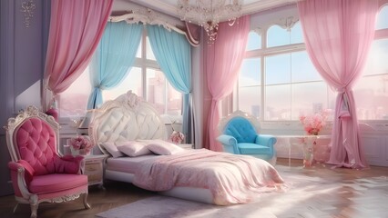 Elegant and Luxurious Bedroom Interior with Panoramic City View.