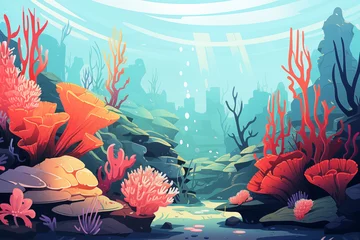 Gordijnen Underwater landscape poster. Oceanic background with seaweed, corals, fish. Ocean sea life modern flat design. Trendy cartoon colorful illustration © Yelyzaveta
