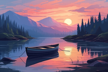 Nature landscape poster. Sunset sunrise in mountains with river bay and pine trees, water surface lake banks with fishing boat. Flat cartoon horizontal background - obrazy, fototapety, plakaty