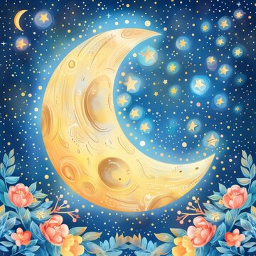 A beautiful watercolor painting of a crescent moon with a smiling face, surrounded by twinkling stars and fluffy clouds.