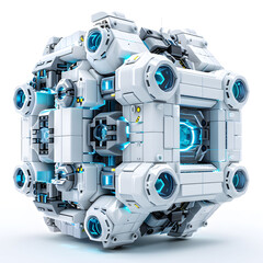 blue and white blocks arranged into a blue cube, in the style of futuristic spacecraft design, modular,