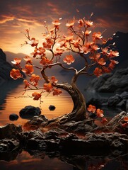 Flowering tree against a golden sunset, its blooms outlined against the darkening sky. Perfect for evoking serenity and beauty in design projects, Generative AI.