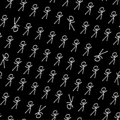 Endless stick man black and white illustration. White outlined stick men arranged in diagonal rows against black background vector seamless pattern. High contrast sharp monochrome surface art.