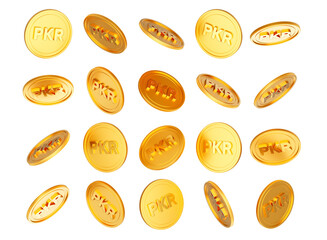3d Falling Golden Shiny Pakistani Rupee PKR Rounded Coins On White Background 3d Illustration