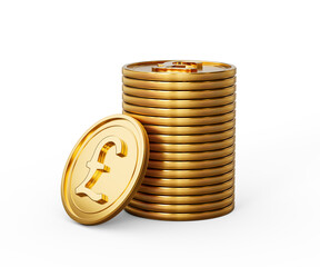 3d Stack Of Golden British Pound Coins Shiny Rounded Coins Stack On White Background 3d Illustration