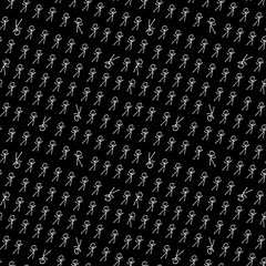 Endless stick man black and white illustration. White outlined stick men arranged in diagonal rows against black background seamless pattern. High contrast sharp monochrome surface art.
