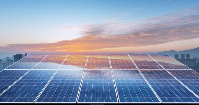 time lapse of the urban rooftop solar power generation distributed photovoltaic panels in sunrise, clean energy landscape with morning glow