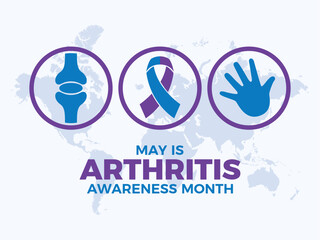 May is Arthritis Awareness Month poster vector illustration. Blue purple awareness ribbon and rheumatic disease icon set vector. Template for background, banner, card. Important day
