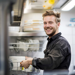 Male in kitchen, stacking the dishwasher, smiling, happy, white modern environmental