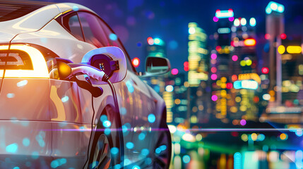 photo of EV charging station for electric car in concept of green energy and eco power produced from sustainable source to supply to charger station in order to reduce CO2 emission, big city blur back