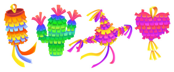 Mexican pinatas set isolated on white background. Vector cartoon illustration of colorful paper decoration for traditional birthday celebration, competition with sweets for kids fun and entertainment - obrazy, fototapety, plakaty