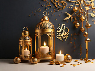 islamic decoration with candles and gold lantern
