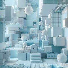 ss lego cubes 3d rendering, in the style of light white and azure, futuristic spacecraft design, simplified structures, , interlocking structures, constructivist inspired, light blue and white - obrazy, fototapety, plakaty