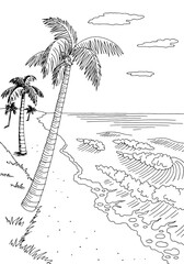 Sea coast graphic beach black white landscape vertical sketch illustration vector 
