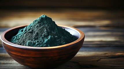 Top view of green spirulina powder on a dark wooden table. This biological supplement enhances immunity, lowers cholesterol, and regulates blood pressure, Generative AI.