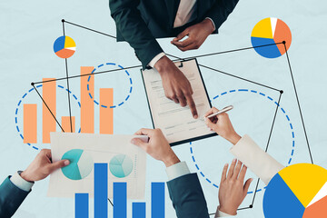 Composite trend sketch image collage of young three person incognito hand colleagues student do project stats graphics diagram circle