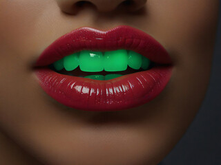 Obraz premium close up lips green teeth of woman